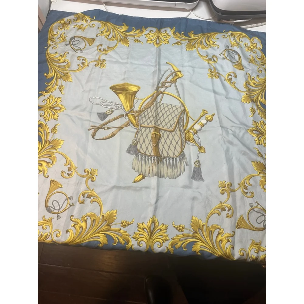 Women's Celine Blue Gold Hunting Horn Silk Scarf One Size